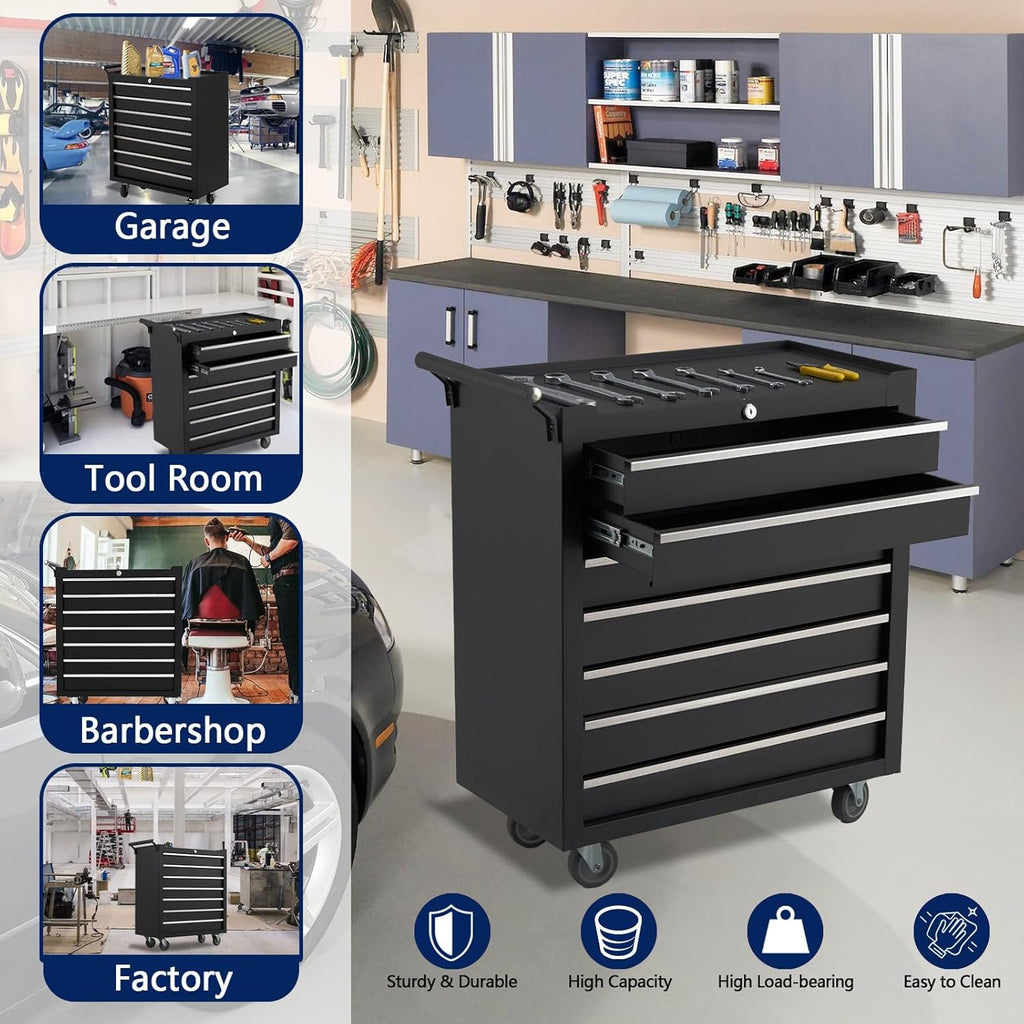 24-inch 7-Drawer Rolling Tool Chest with Lock System, Portable Tool Box with Wheels, Secure Storage Cabinet for Warehouse, Workshop, and Repair Shop, Black