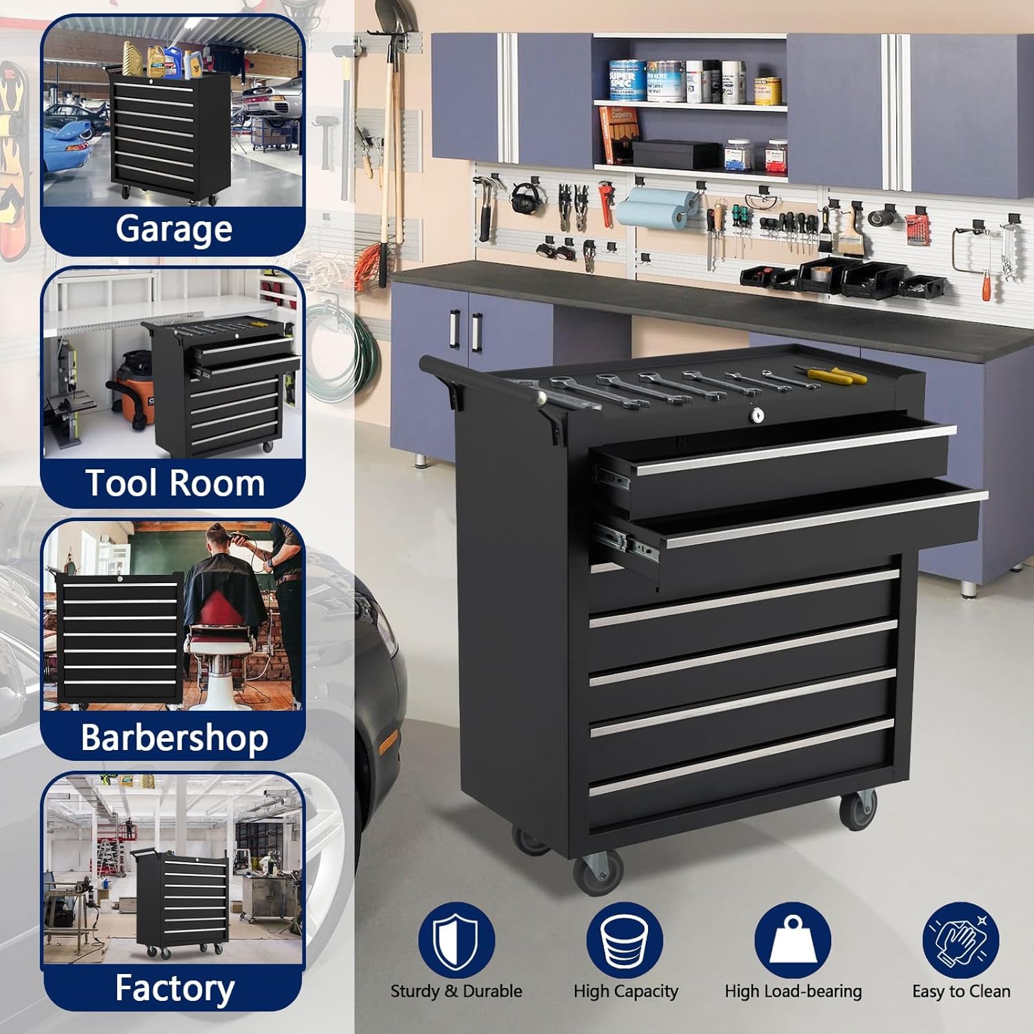 24-inch 7-Drawer Rolling Tool Chest with Lock System, Portable Tool Box with Wheels, Secure Storage Cabinet for Warehouse, Workshop, and Repair Shop, Black