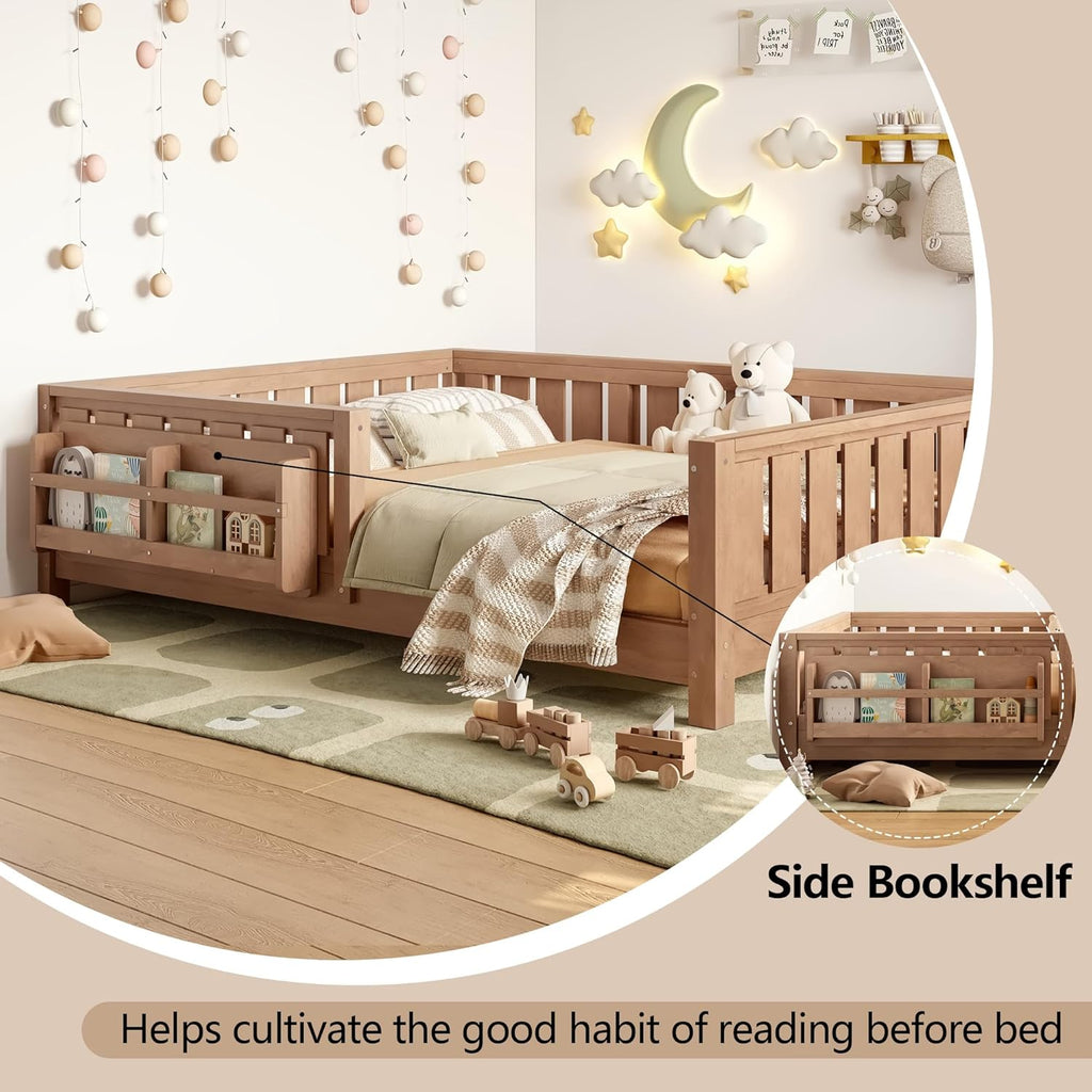 Bellemave Full Size Floor Bed with Slats and Safety Guardrail, Full Size Montessori Floor Bed with Fence and Built-in Bookshelf, Easy Assemble Montessori Beds for Kids, Girls, Boys, Natural