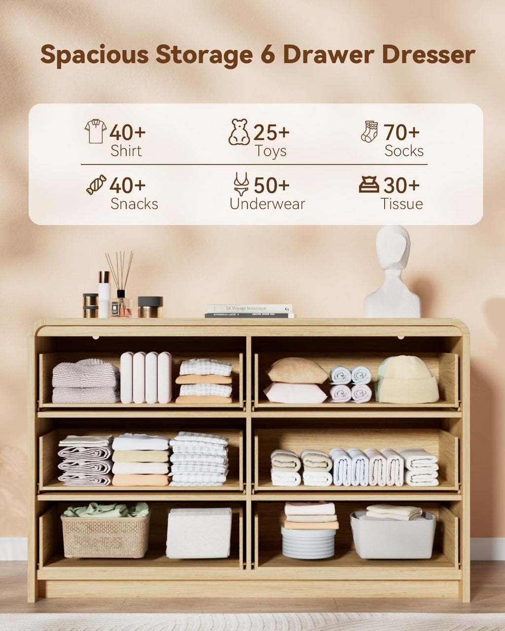 Fluted 6 Drawer Dresser, 47” Wide Wooden Storage Chest with Rounded Curved Corners and Gold Handles, Natural Oak Wood Dresser for Bedroom, Living Room, Hallway