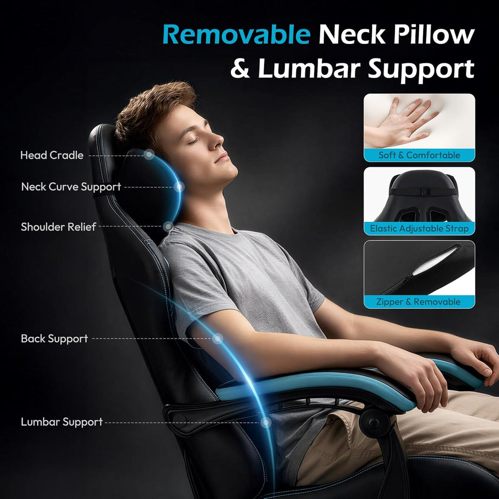 Ergonomic Gaming Chair for Adults with Footrest - Height Adjustable Reclining Gamer Chair 135° with Headrest and Lumbar Support, Comfy Video Game Computer Desk Chair for Home Office, Blue