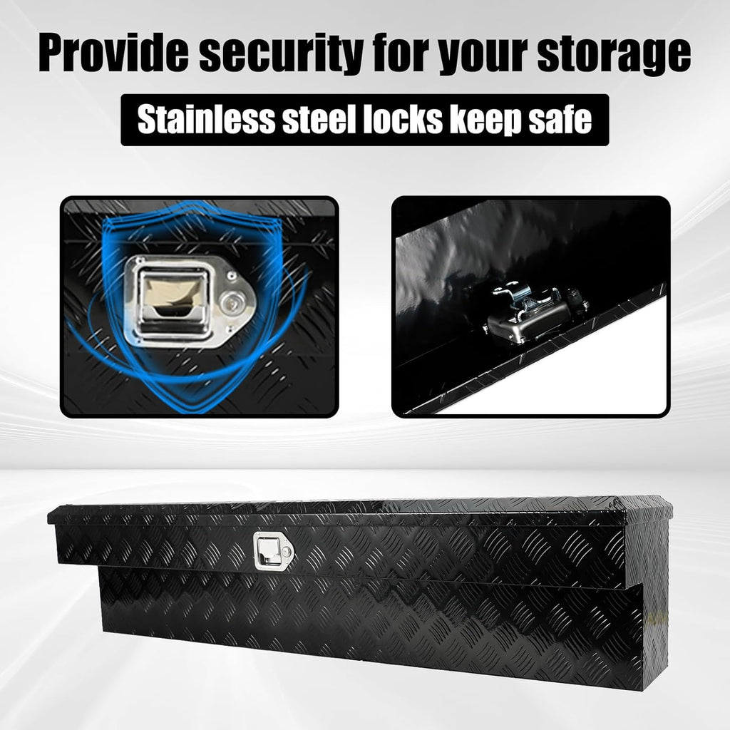 confote 60 Inch Heavy Duty Aluminum Pickup Truck Tool Box Aluminum Stripes Pattern Truck Bed RV Trailer Toolbox Waterproof Storage Organizer with Lock and Keys L-shape -Black