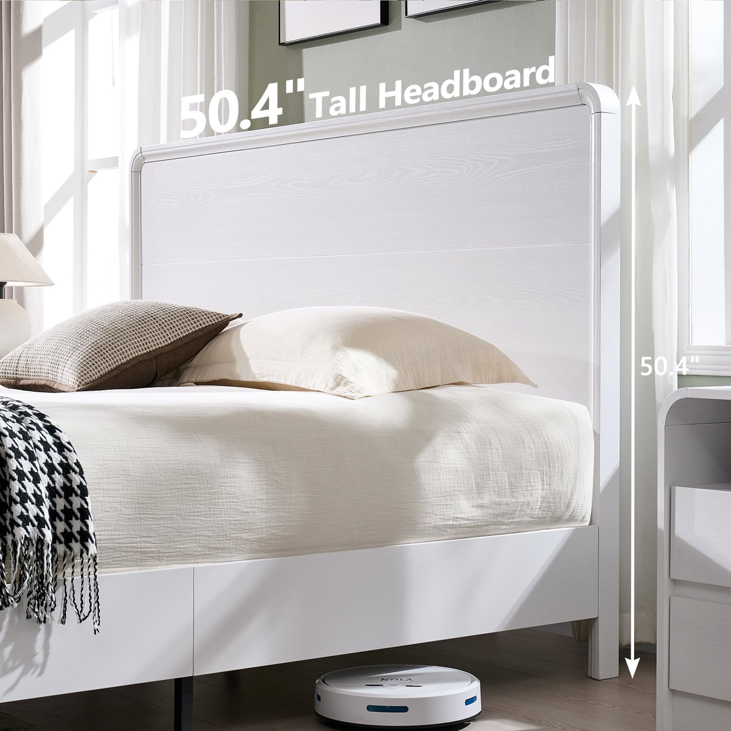 Modern King Size Bed Frame with 50" Tall Headboard, Wood King Size Platform Bed Frame w/3 Storage Drawers, Curved Profile Design, Wood & Steel Platform Bed, No Box Spring Needed, White