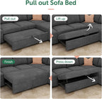 HONBAY Modular Sectional Sleeper Sofa with Pull Out Bed, Corduroy L Shaped Couch with Storage Seats, Convertible Sectional Couches for Living Room, Dark Grey