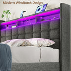 Lift Up King Size Bed Frame with Storage, Upholstered King Bed Frame with Charging Station and LED Lights Headboard, No Box Spring Needed, Easy Assembly - Dark Grey