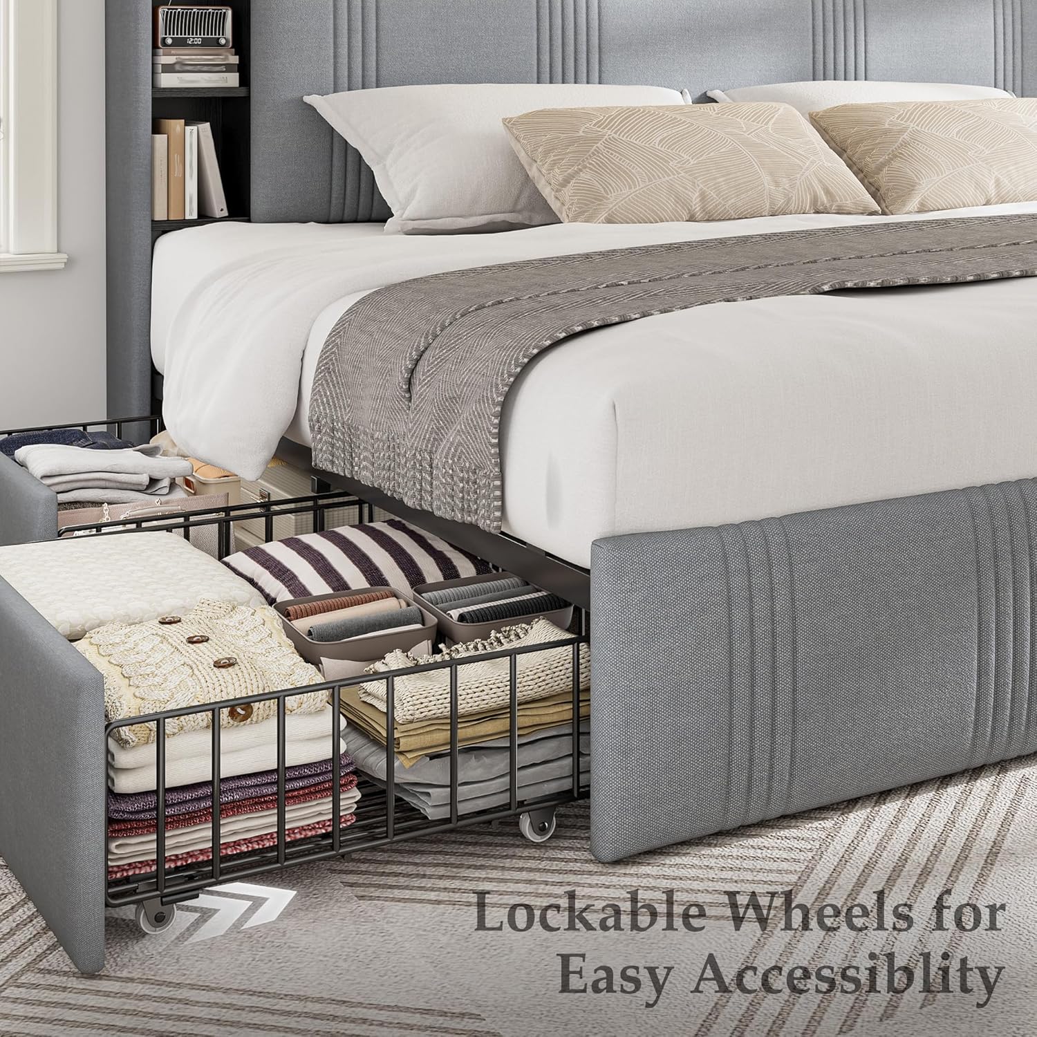 EnHomee King Size Bed Frame with 4 Storage Drawers, Upholstered Platform King Bed Frame with Multi-Tier Storage Headboard & LED Lights & Charging Station, No Noise, No Box Spring Needed, Grey
