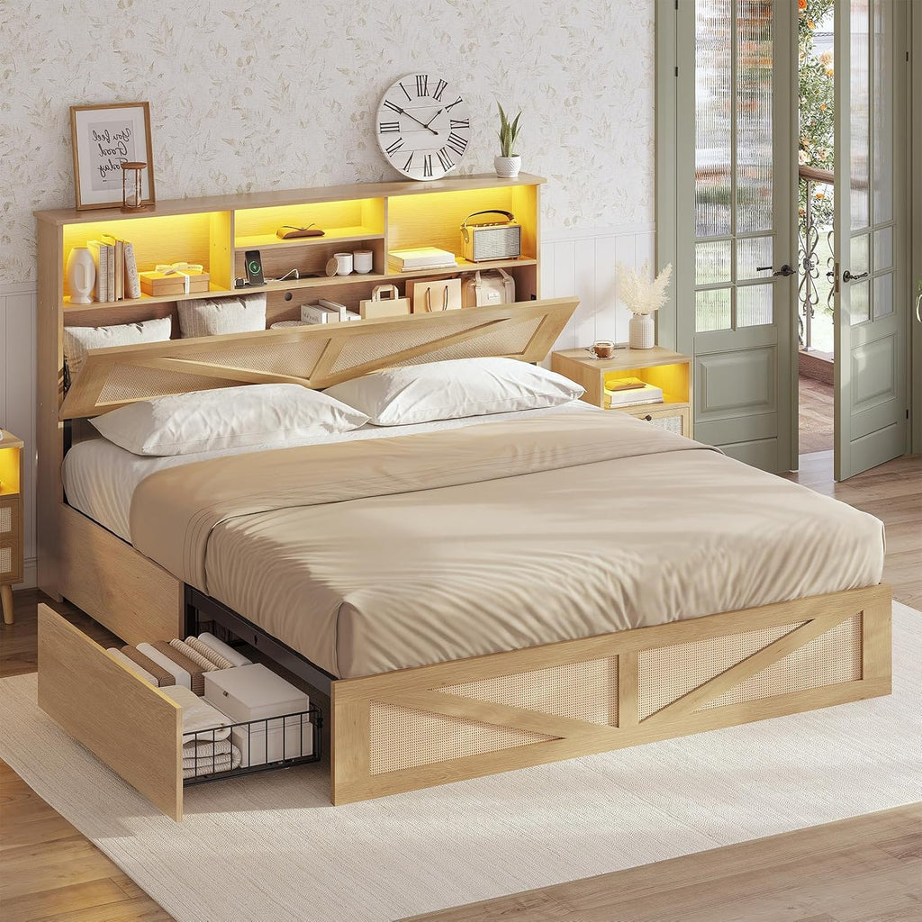AOGLLATI Full Size Bed Frame with 4 Storage Drawers and Natural Rattan 2-Tier Bookcase Hidden Headboard, Boho Led Bed Frame Full Size with Charging Station, No Box Spring Needed, Wood