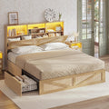 AOGLLATI Full Size Bed Frame with 4 Storage Drawers and Natural Rattan 2-Tier Bookcase Hidden Headboard, Boho Led Bed Frame Full Size with Charging Station, No Box Spring Needed, Wood