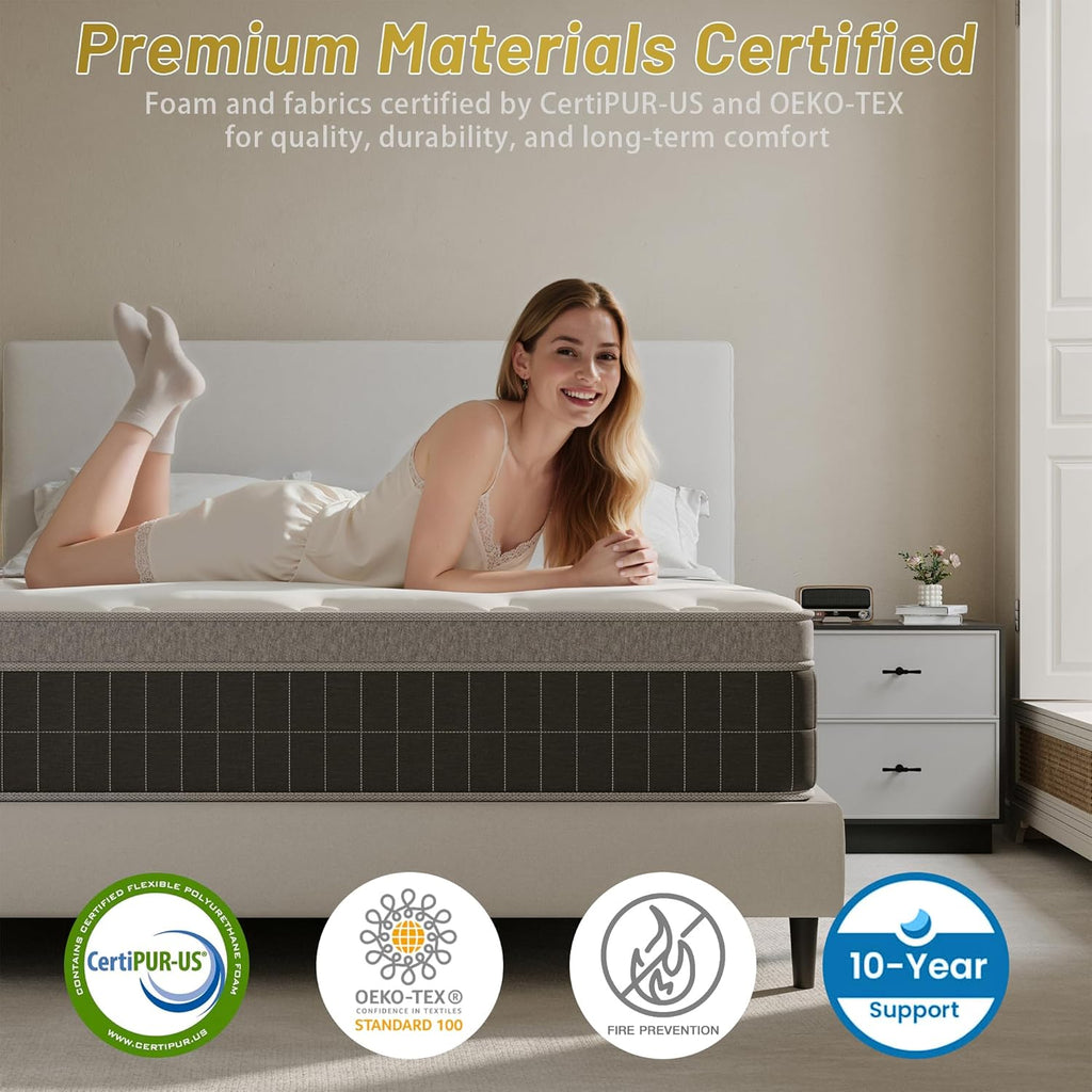 14″ King Hybrid Mattress – Cooler, Quieter & Deeper Comfort, Airflow Foam + Pocket Coils, 2″+ Plush Cushion, Heavy-Duty Support, CertiPUR-US, Fiberglass-Free, Mattress in a Box