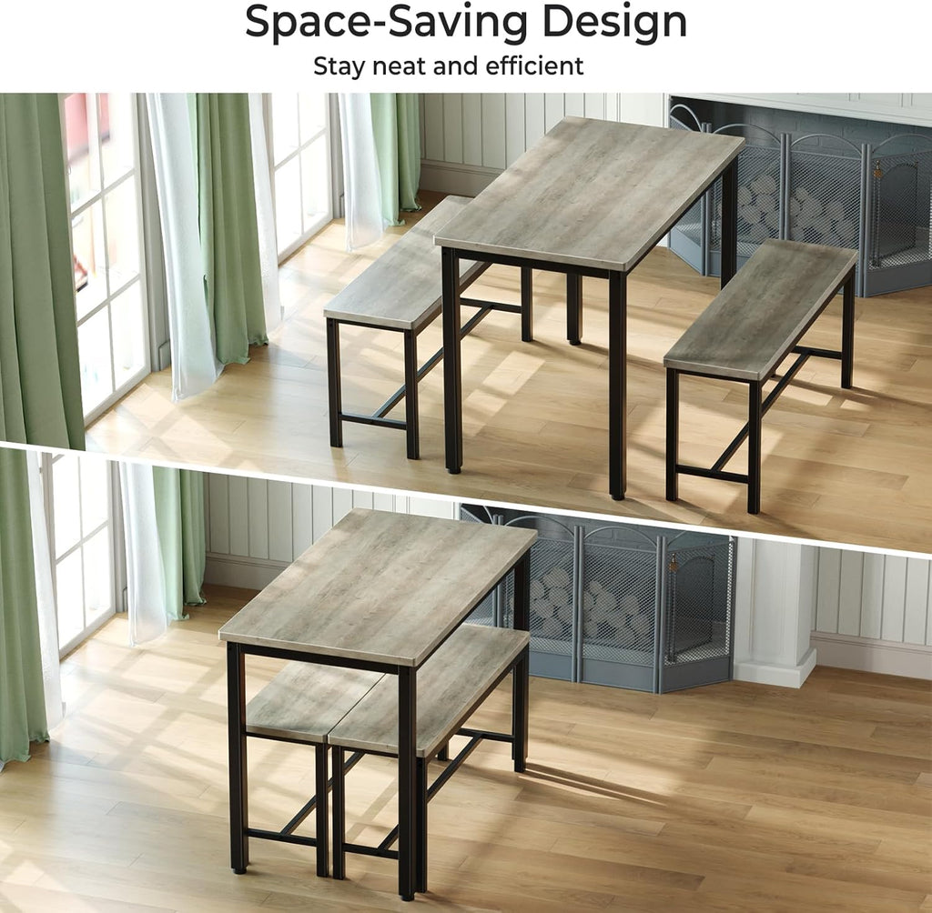 Tatub Dining Table Set for 4, 3-Piece Kitchen Table with 2 Benches, Space-Saving Dining Room Set for Breakfast Nook and Small Spaces, Grey