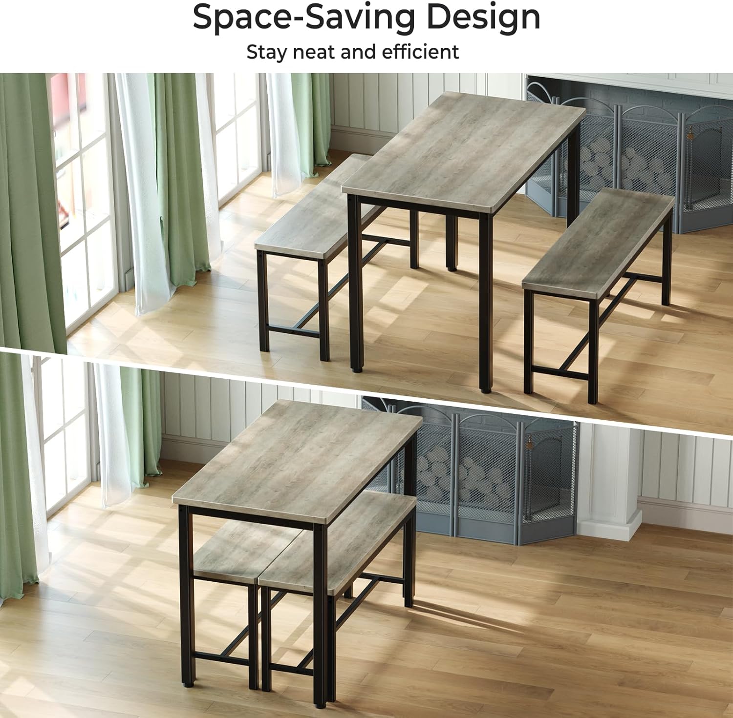 Tatub Dining Table Set for 4, 3-Piece Kitchen Table with 2 Benches, Space-Saving Dining Room Set for Breakfast Nook and Small Spaces, Grey