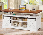 SEDETA 47.2" Farmhouse Smart Lift Top Coffee Table, Rectangle Coffee Table with Storage and Barn Door, Height Adjustable Coffee Table with Power Outlet for Living Room (White)