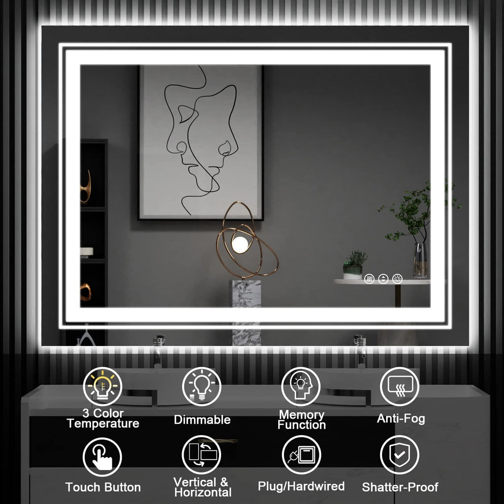 LED Bathroom Mirror, 48"X32" with Front and Backlit, Anti-Fog, Large Bathroom Vanity Mirror for Wall, Memory Function, Stepless Dimmable, Tempered Glass (Horizontal/Vertical)