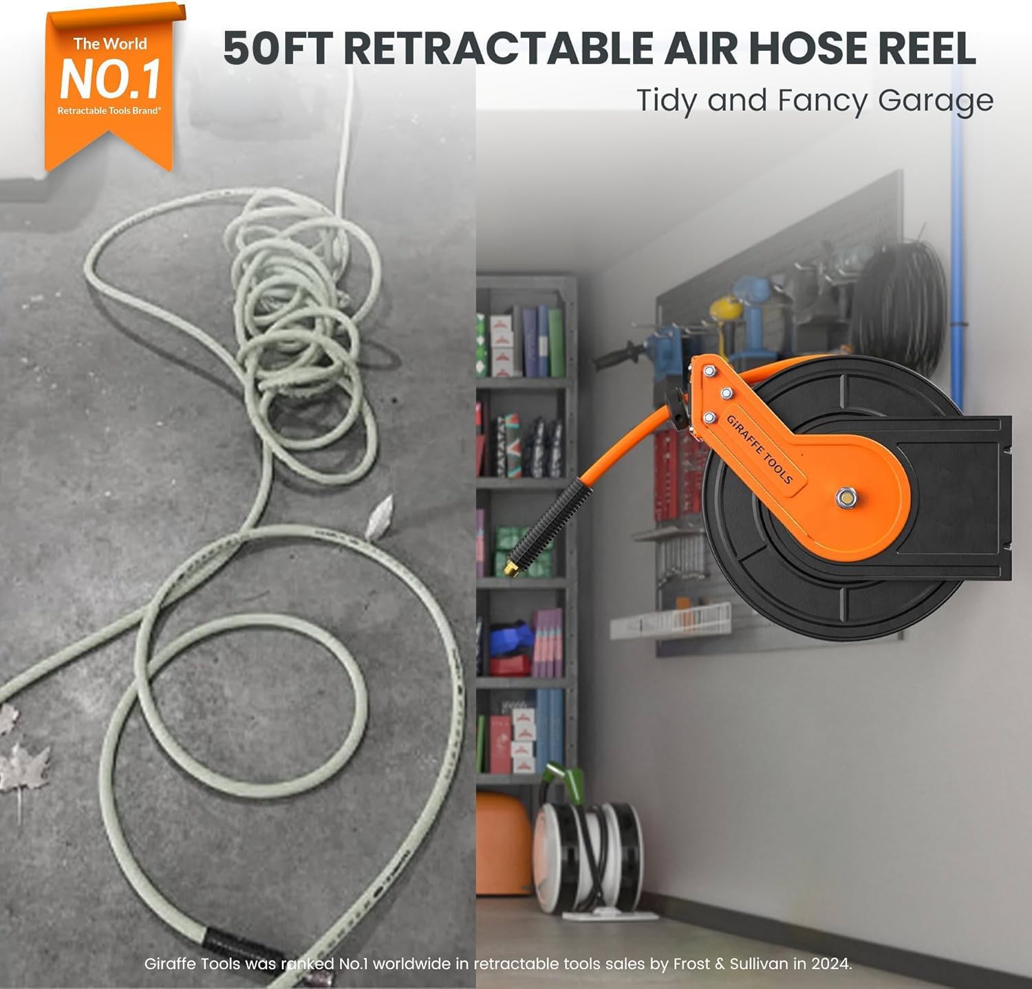 Giraffe Tools Retractable Air Hose Reel, 3/8" Hybrid Hose, Air Compressor Heavy Duty Steel Reel Auto Rewind 300PSI, Wall Mount, 50ft