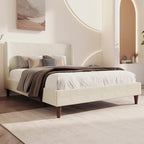 Upholstered Bed Frame King Size, 43" Tall Headboard Wingback Upholstered Platform Beds Bedframe for Kids Teens Adults Bedroom Strong Wood Slats Support No Box Spring Needed, Ivory Boucle