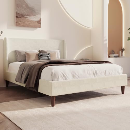 Upholstered Bed Frame King Size, 43" Tall Headboard Wingback Upholstered Platform Beds Bedframe for Kids Teens Adults Bedroom Strong Wood Slats Support No Box Spring Needed, Ivory Boucle