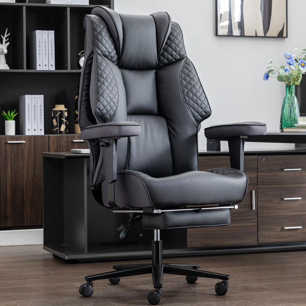 Big and Tall Office Chair 500lbs - 23.6" Extra Wide Seat Ergonomic Executive Chair, Heavy Duty Metal Base High Back Leather Office Chair with Footrest, Lumbar Support & Adjustable Arm, Black