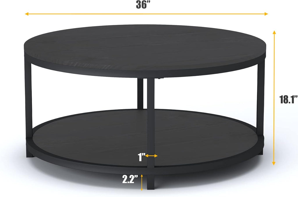 NSdirect Round Coffee Table, 36" Rustic Wooden Surface Top & Sturdy Metal Legs Industrial Sofa Table for Living Room Modern Design Home Furniture with Storage Open Shelf (Black Oak)