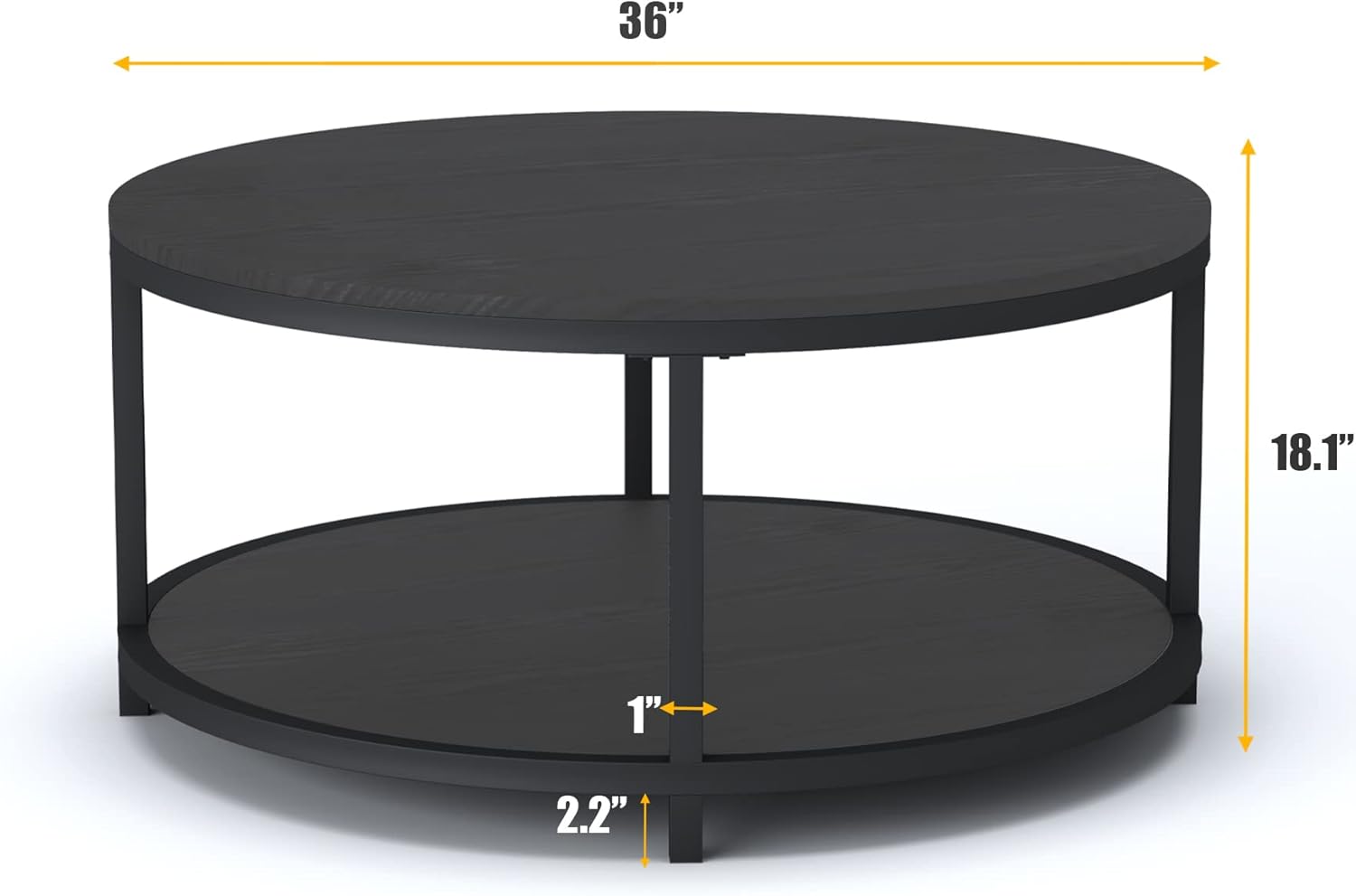 NSdirect Round Coffee Table, 36" Rustic Wooden Surface Top & Sturdy Metal Legs Industrial Sofa Table for Living Room Modern Design Home Furniture with Storage Open Shelf (Black Oak)