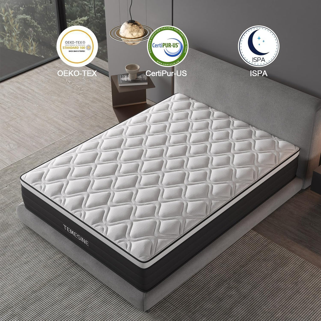 Queen Mattress, 14 Inch Hybrid Mattress in a Box with Individual Pocket Spring, Gel Memory Foam and Euro Top, Medium Firm Feel with Motion Isolation, Pressure Relief, Edge Support,Queen Size Black