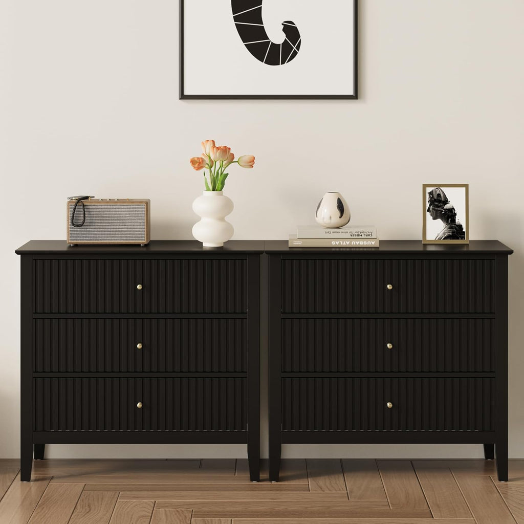 RoyalCraft 32" Large Nightstand Set of 2, Fluted Painted Bedside Table with 3 Spacious Drawers, Modern Tall End Table for Bedroom, Black