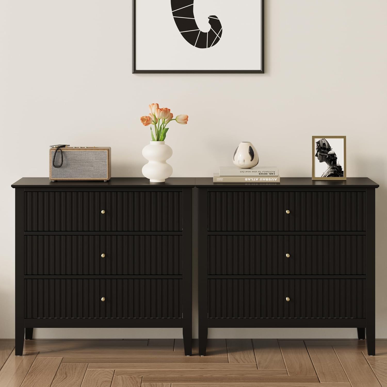 RoyalCraft 32" Large Nightstand Set of 2, Fluted Painted Bedside Table with 3 Spacious Drawers, Modern Tall End Table for Bedroom, Black