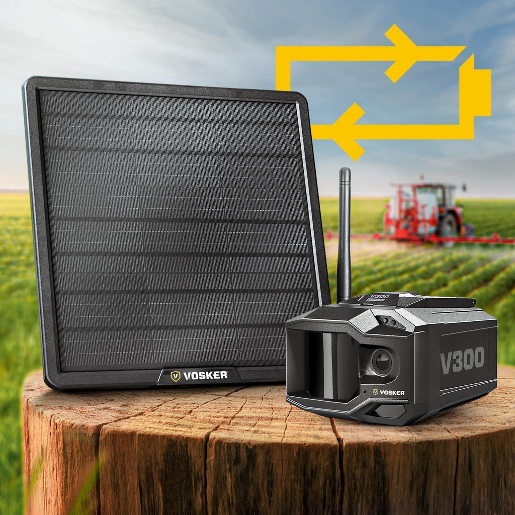 Vosker V300 Ultimate Farmers Pack Outdoor Security Camera with External Solar Panel for Farms Pastures and Greenhouses 4G LTE Black Single Unit with Battery