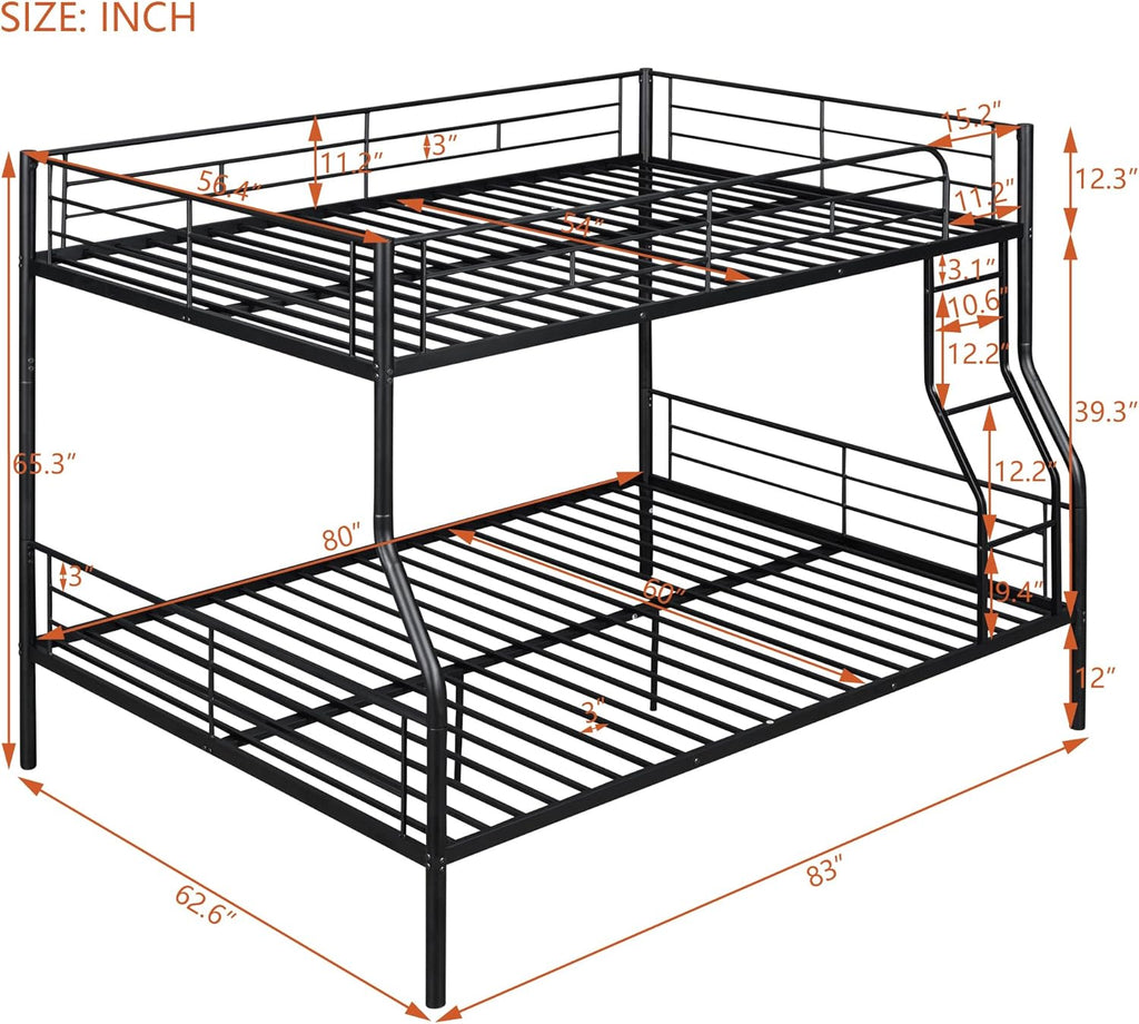 Full XL Over Queen Metal Bunk Bed,Heavy-Duty Metal Bunk Bed Fame with Ladder&Full-Length Guardrails,Convertible into 2 Individual Twin Beds for Kids,Teens,and Adults,Under-Bed Storage Space,Black