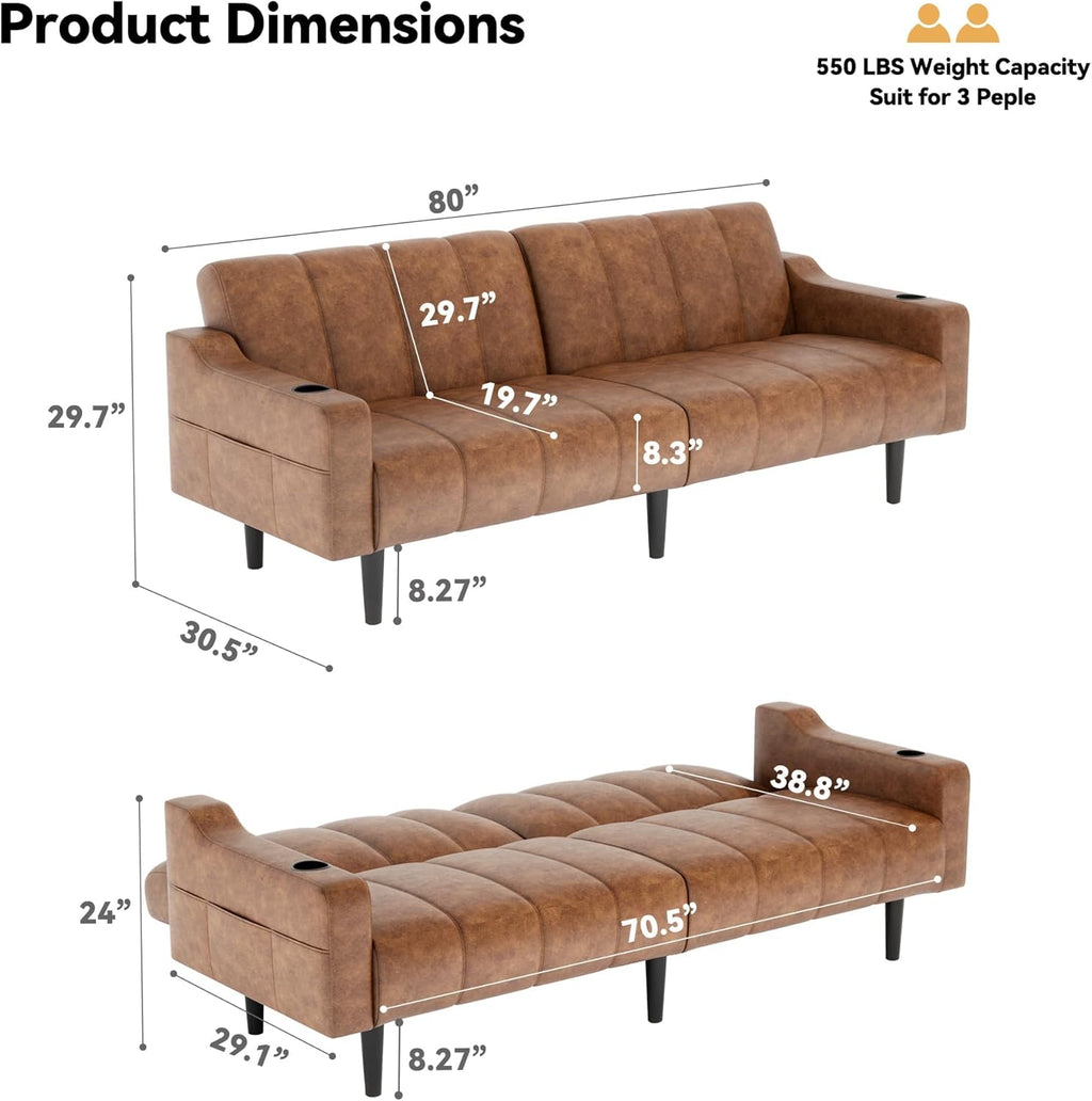 Brelice 80'' Leather Couch, Futon Sofa Bed, Faux Leather Couch with Adjustable Backrest, 2 Cup Holders & Side Pockets, Mid Century Modern Sofa for Living Room, Bedroom, Brown