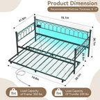 IDEALHOUSE Twin Size Daybed with Trundle, Sofa Bed Frame with Charging Station and LED Lights, Heavy Duty Metal Bed Frame, for Small Spaces, Living Room, Bedroom, Apartment, Black