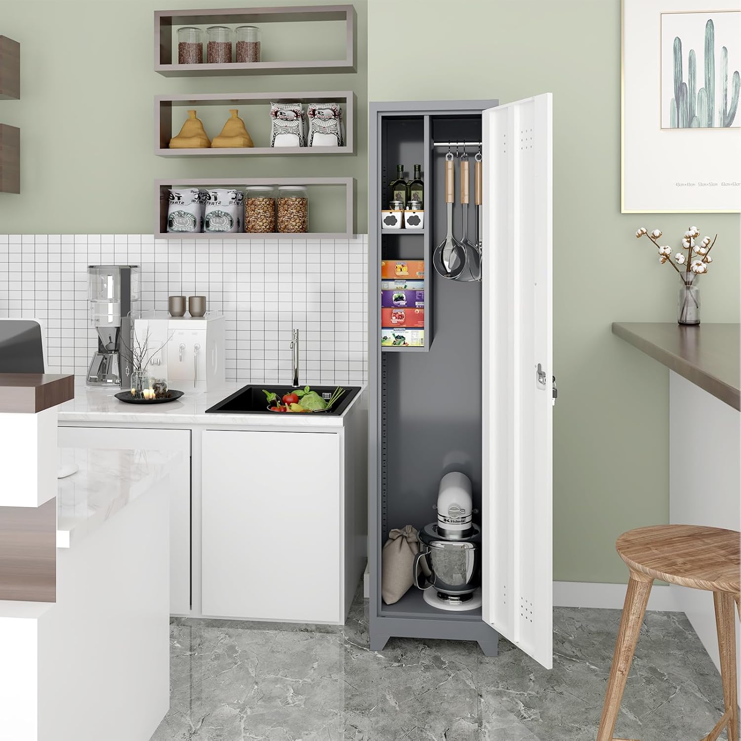 Metal Garage Storage Cabinet,Broom Closet Storage Cabinet,Utility Closet Cabinet for Garage,Office,Gym,Grey-White
