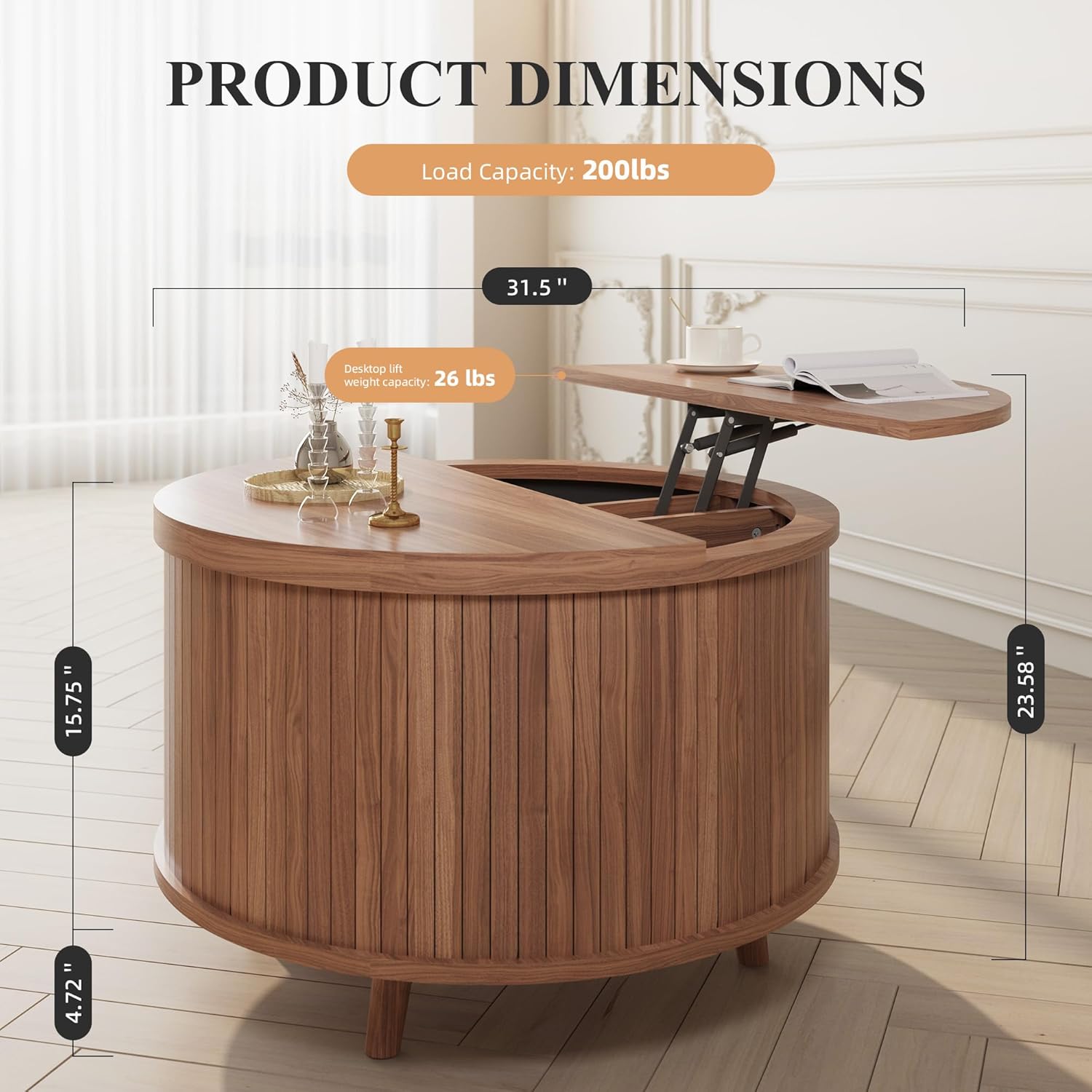 Easyego Lift Top Coffee Table for Small Spaces, 31.5" Mid-Century Modern Wooden Round Table with Storage, Circle Fluted Center Table for Living Room, Work from Home & Apartment, Walnut