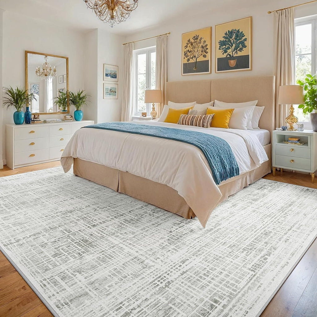 10x14 Area Rugs for Living Room Washable Rug: Anti-Skid Abstract Modern Living Room Rug Soft Thin Carpets Indoor Floor Non-Shedding Carpet for Bedroom Dining Farmhouse Nursery Home Office White Gray