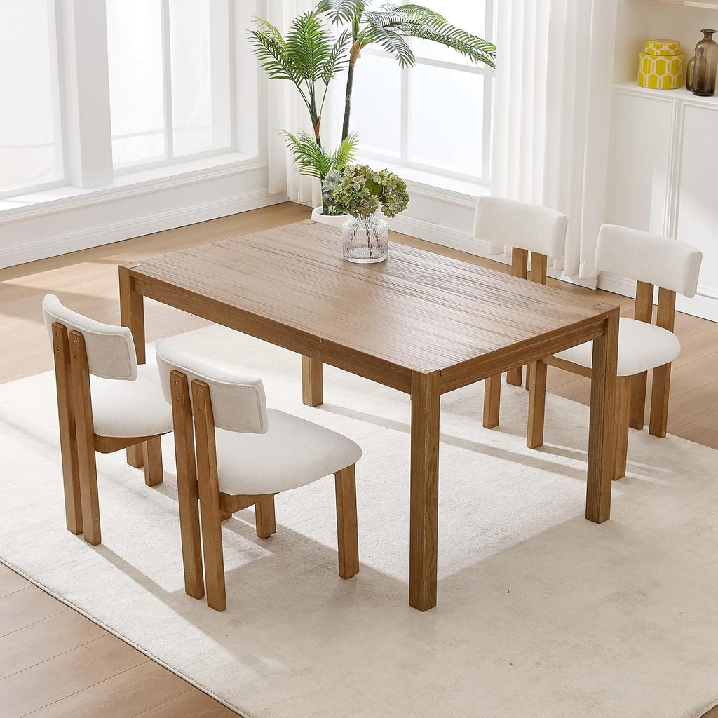 Kmax Farmhouse Dining Chair Set of 6, Linen Fabric Kitchen Chair Curved Back Armless Dining Room Chairs with Walnut Wood Legs for Family Diner, White