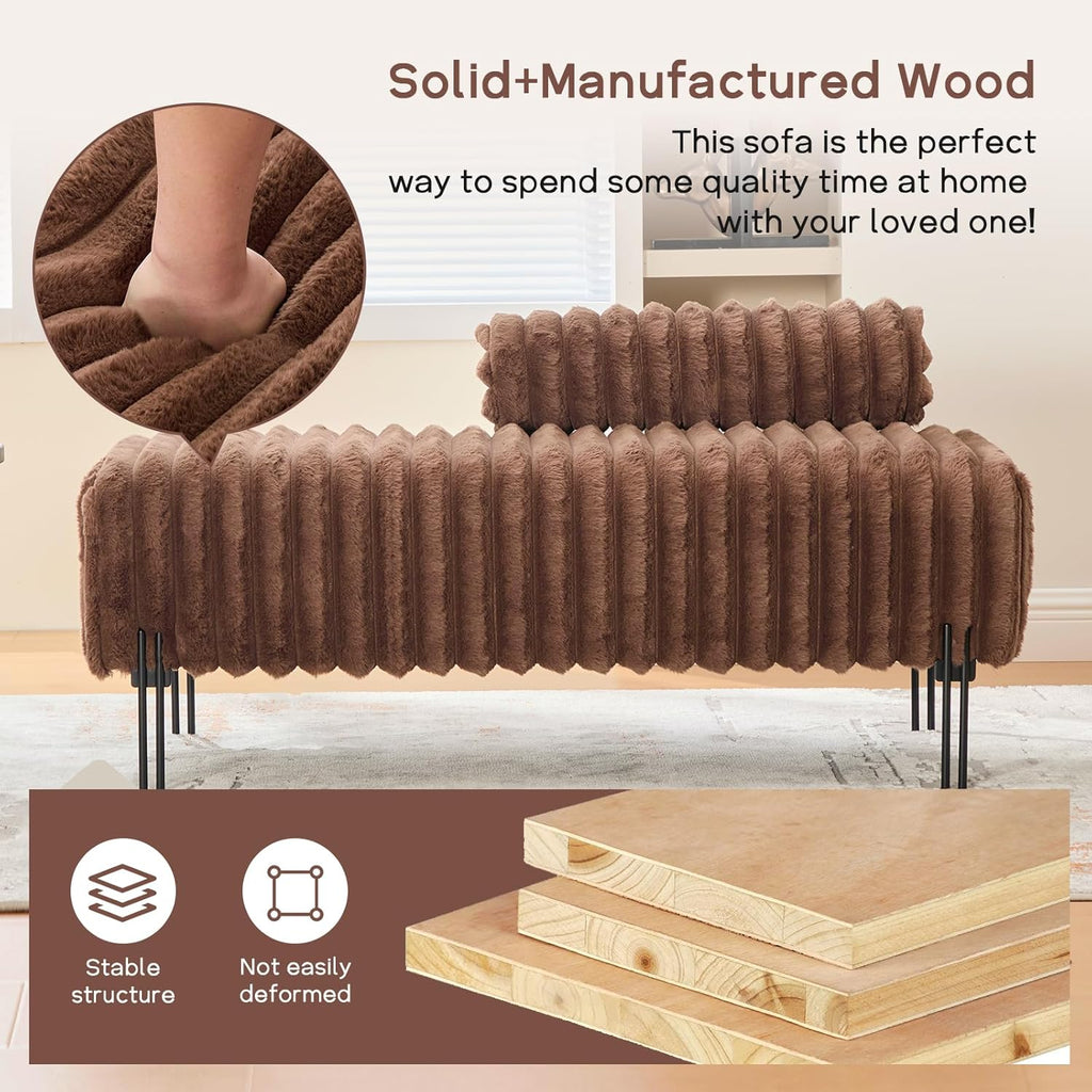 NIOIIKIT 49.6" Modern Loveseat Sofa Couch, Upholstered Accent Sofa with Golden Legs and Adjustable Backrest, Small Faux Fur Couches for Bedroom, Living Room, Compact Small Space (Brown)