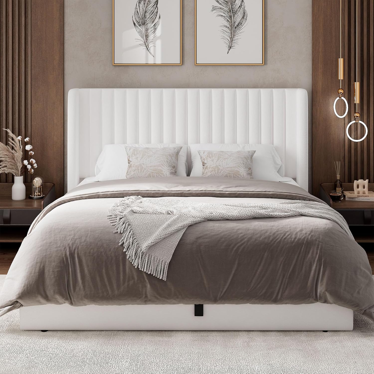 Feonase Queen Size Lift Up Storage Bed Frame, Velvet Upholstered Platform Bed Frame with Wingback Headboard, Hydraulic Storage, No Box Spring Needed, White