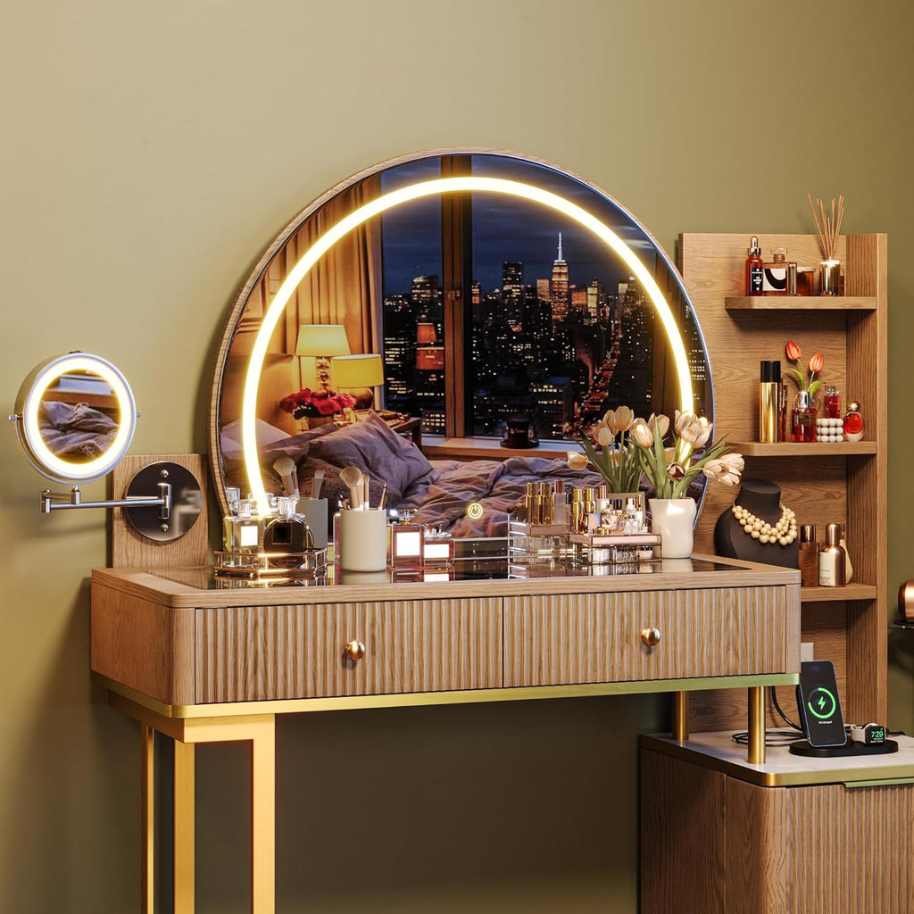 Vanity Desk w/5x Magnifying Mirror, Fluted Makeup Vanity w/Mirror and Lights, Glass Top Vanity, Dressing Table w/Power Outlet & Drawers, Adjustable Shelves for Bedroom, Women & Girls, Natural
