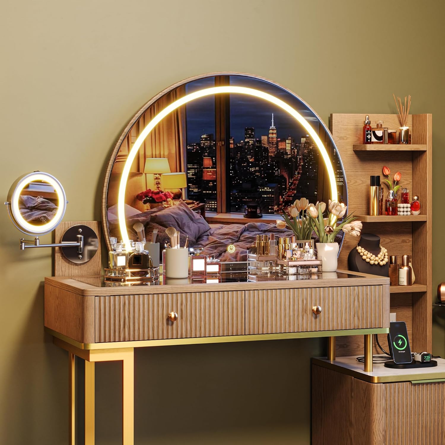 Vanity Desk w/5x Magnifying Mirror, Fluted Makeup Vanity w/Mirror and Lights, Glass Top Vanity, Dressing Table w/Power Outlet & Drawers, Adjustable Shelves for Bedroom, Women & Girls, Natural