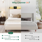 LARMACE King Size Bed Frame with LED Lights and Charging Station Linen Upholstered Platform Bed Frame with 51.2" Tall Wingback Headboard and Storage Shelf, No Box Spring Needed, Easy Assembly, Beige