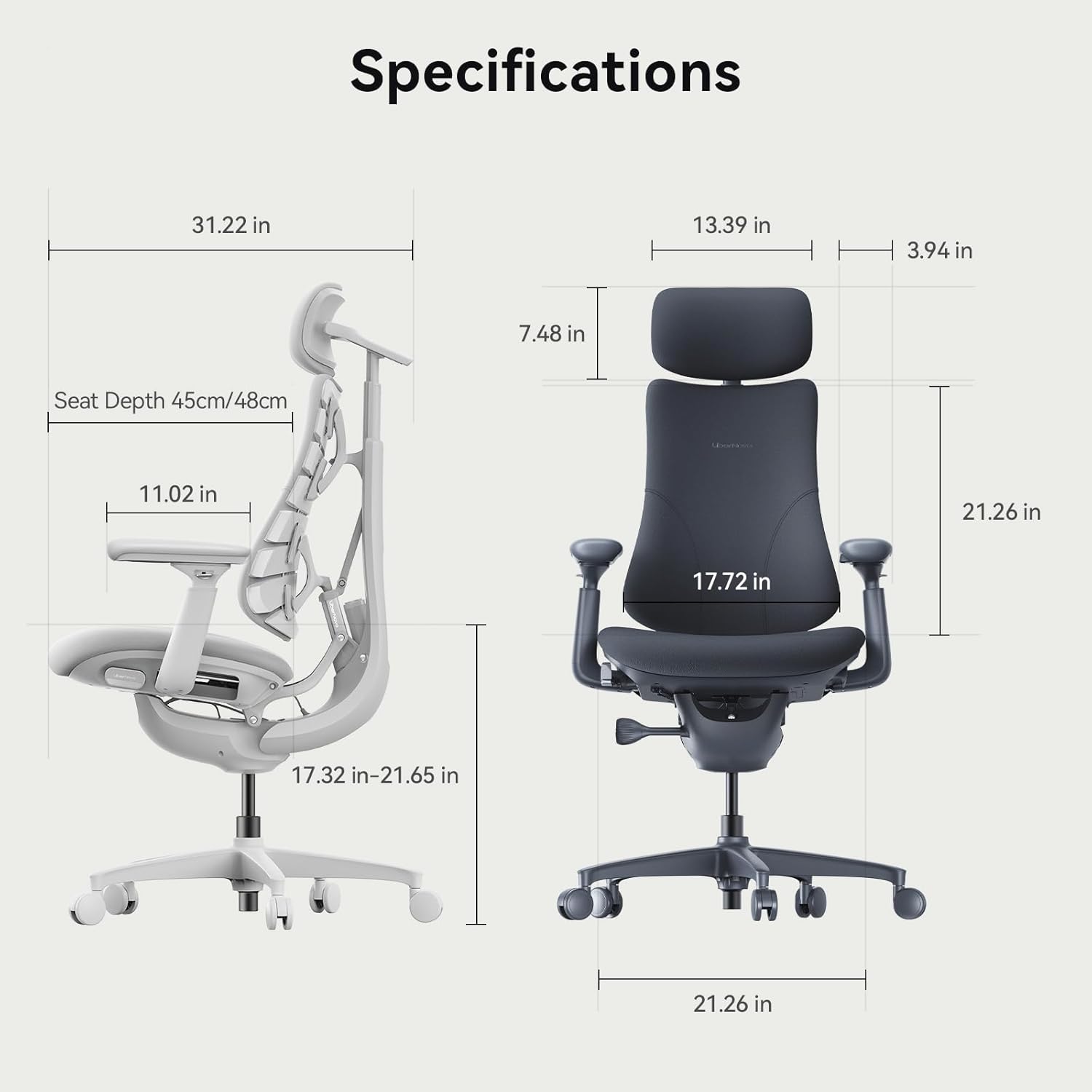 LiberNovo Dynamic Ergonomic Office Chair - Comfy Adjustable Desk Chair with Adaptive Lumbar Support, 160° Recline & Built-in Spine Stretch for Back Comfort, Home Office Long Hours Use, Gray+48cm