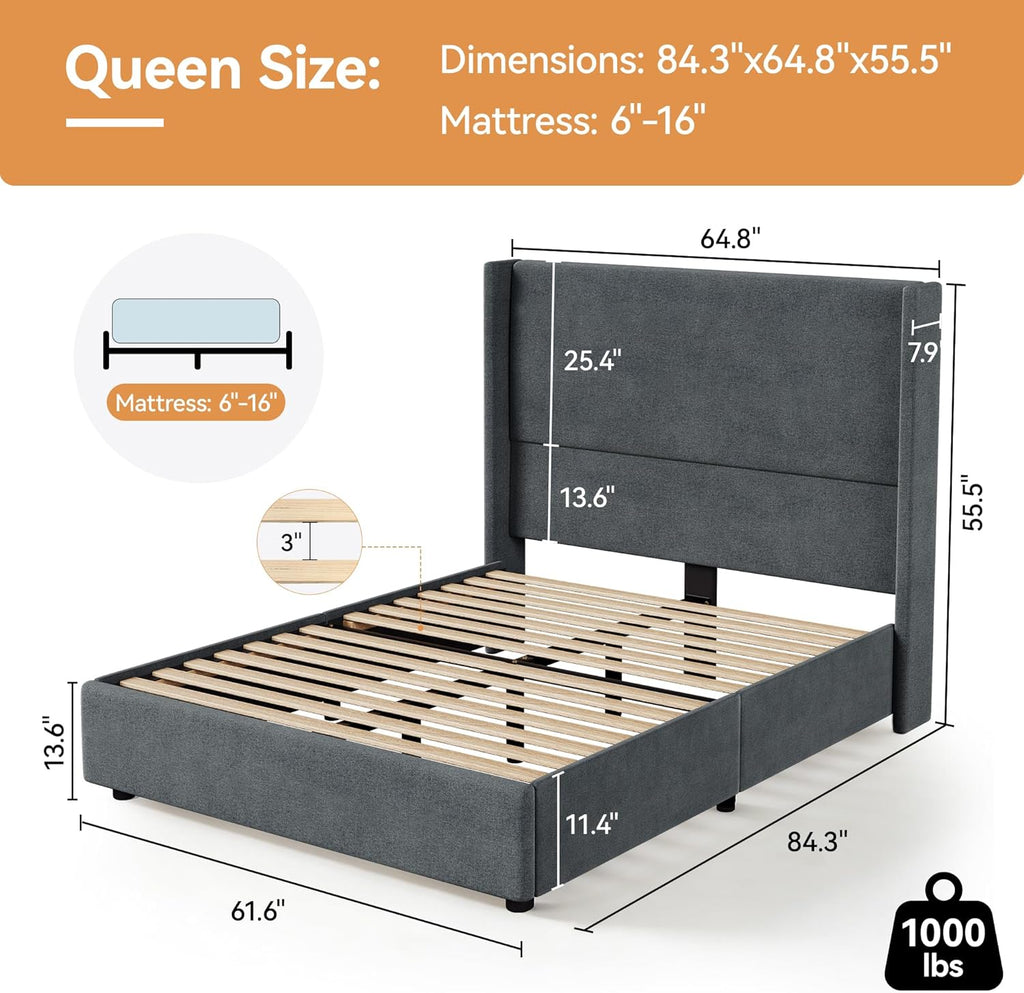 Queen Bed Frame, Upholstered Platform Bed with 55.5" Tall Wingback Headboard, Solid Wooden Slats, Noise-Free Mattress Foundation, No Box Spring Needed, Easy Assembly, Grey