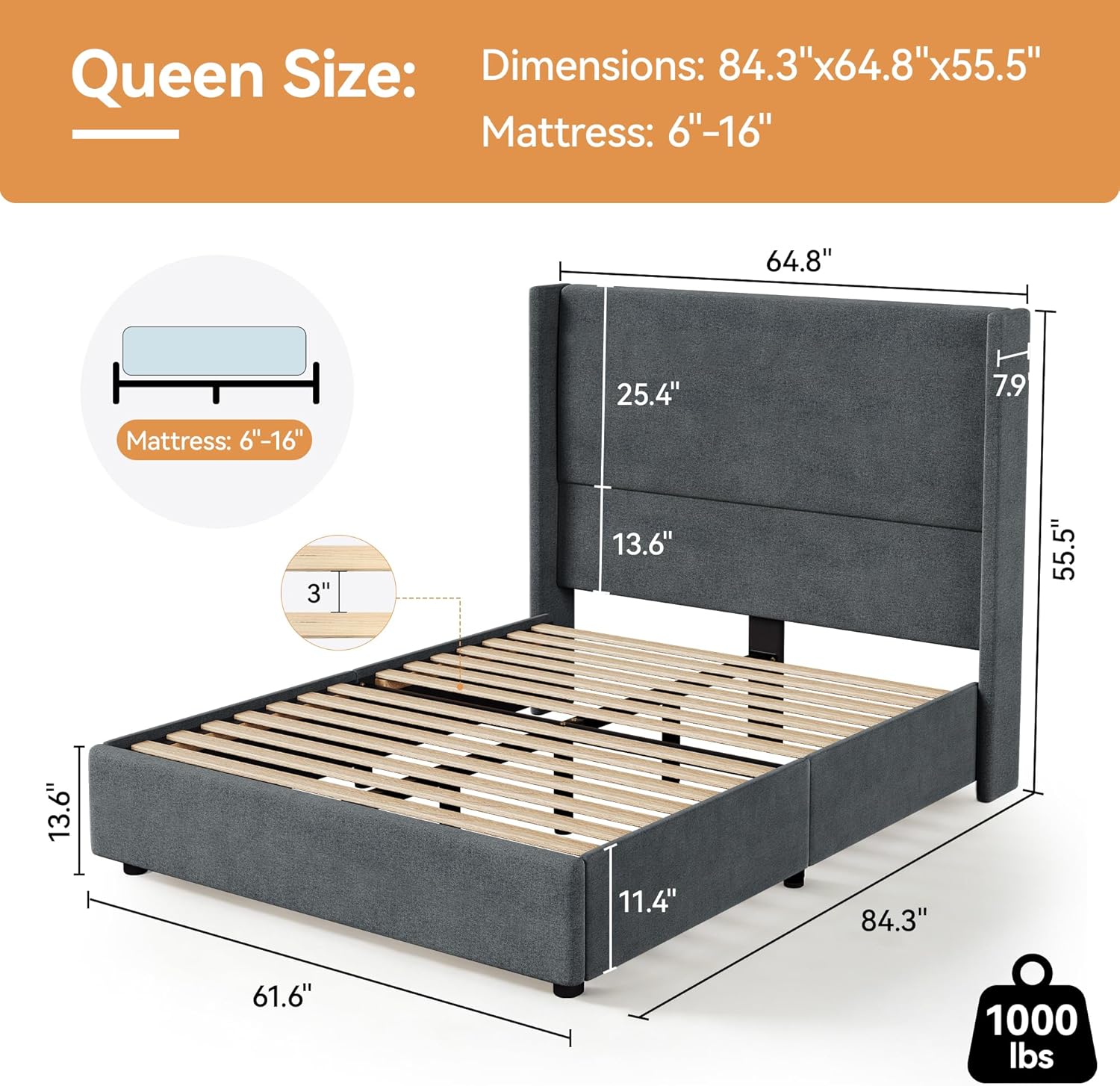 Queen Bed Frame, Upholstered Platform Bed with 55.5" Tall Wingback Headboard, Solid Wooden Slats, Noise-Free Mattress Foundation, No Box Spring Needed, Easy Assembly, Grey