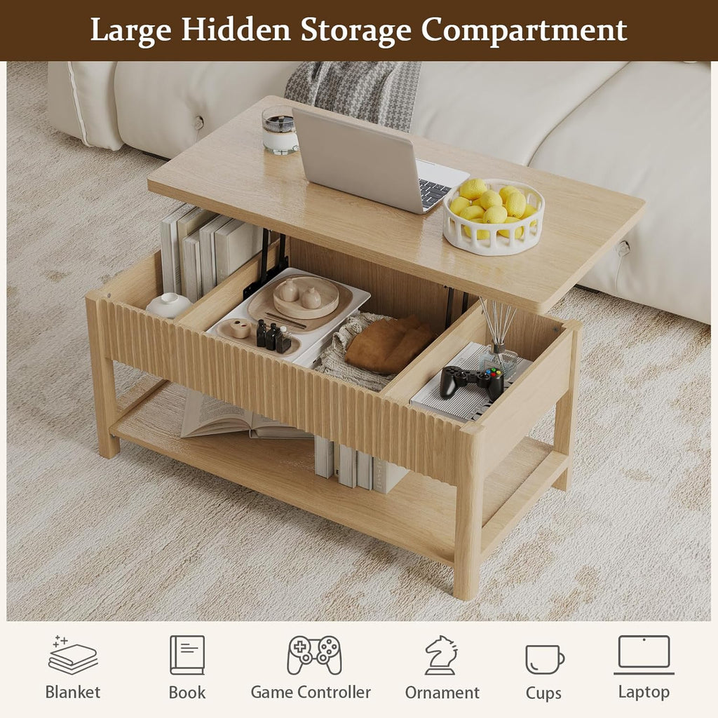Lift Top Coffee Table with Storage for Living Room, 2-in-1 Modern Center Table & Desk with Hidden Storage Compartment & Open Shelf, Space Saving for Small Space & Apartment (Oak)