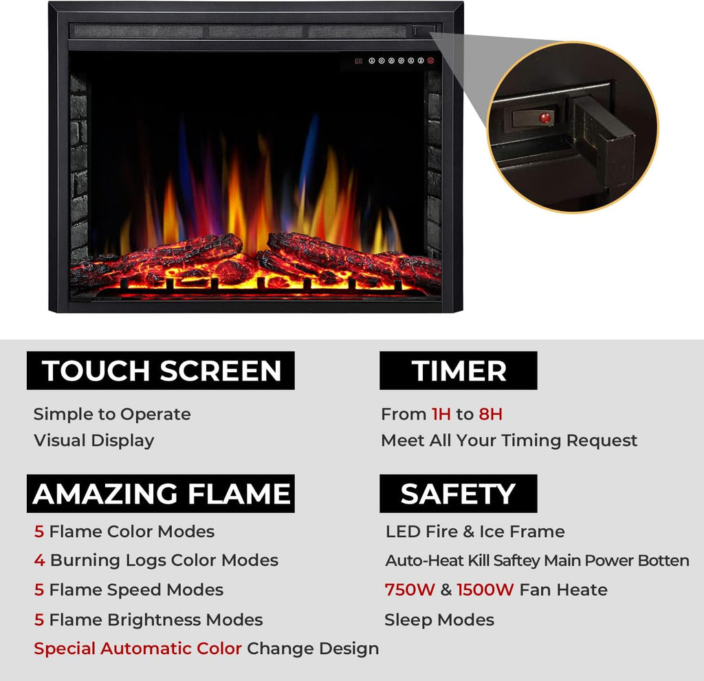 36" Electric Fireplace Insert,Recessed Electric Stove Heater,Touch Screen,Remote Control,750W-1500W with Timer & Colorful Flame Option (36" X 27")