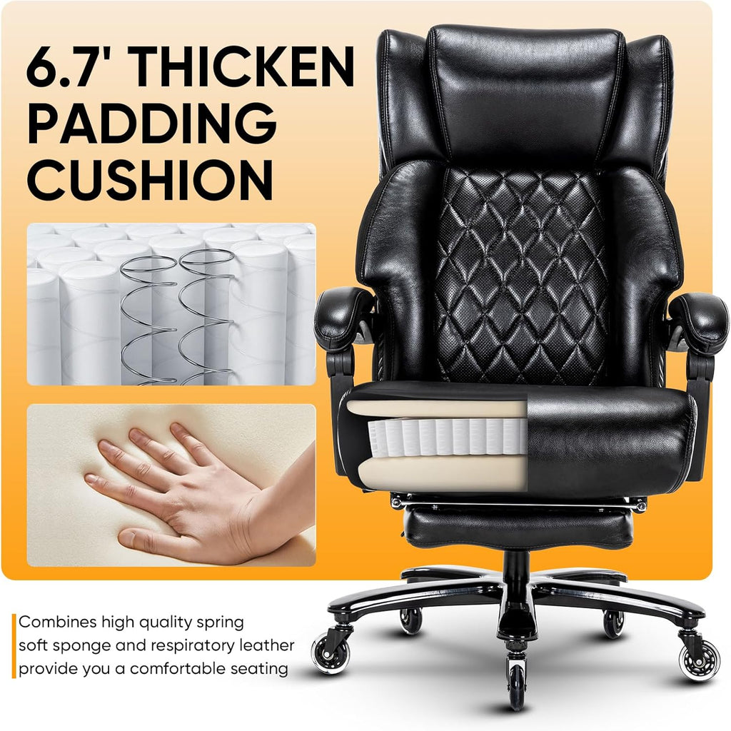 Executive Office Chair with Foot Rest Big and Tall Office Chair for Heavy People Ergonomic High Back Recline Chair Large Computer Desk Chair Black