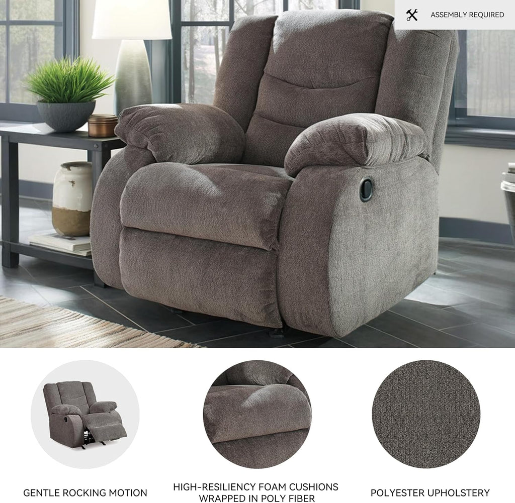 Signature Design by Ashley Tulen Contemporary Rocker Recliner, Gentle Rocking Motion, Pull Tab Reclining, Fabric Upholstery, 39" W x 40" D x 40" H, Dark Gray