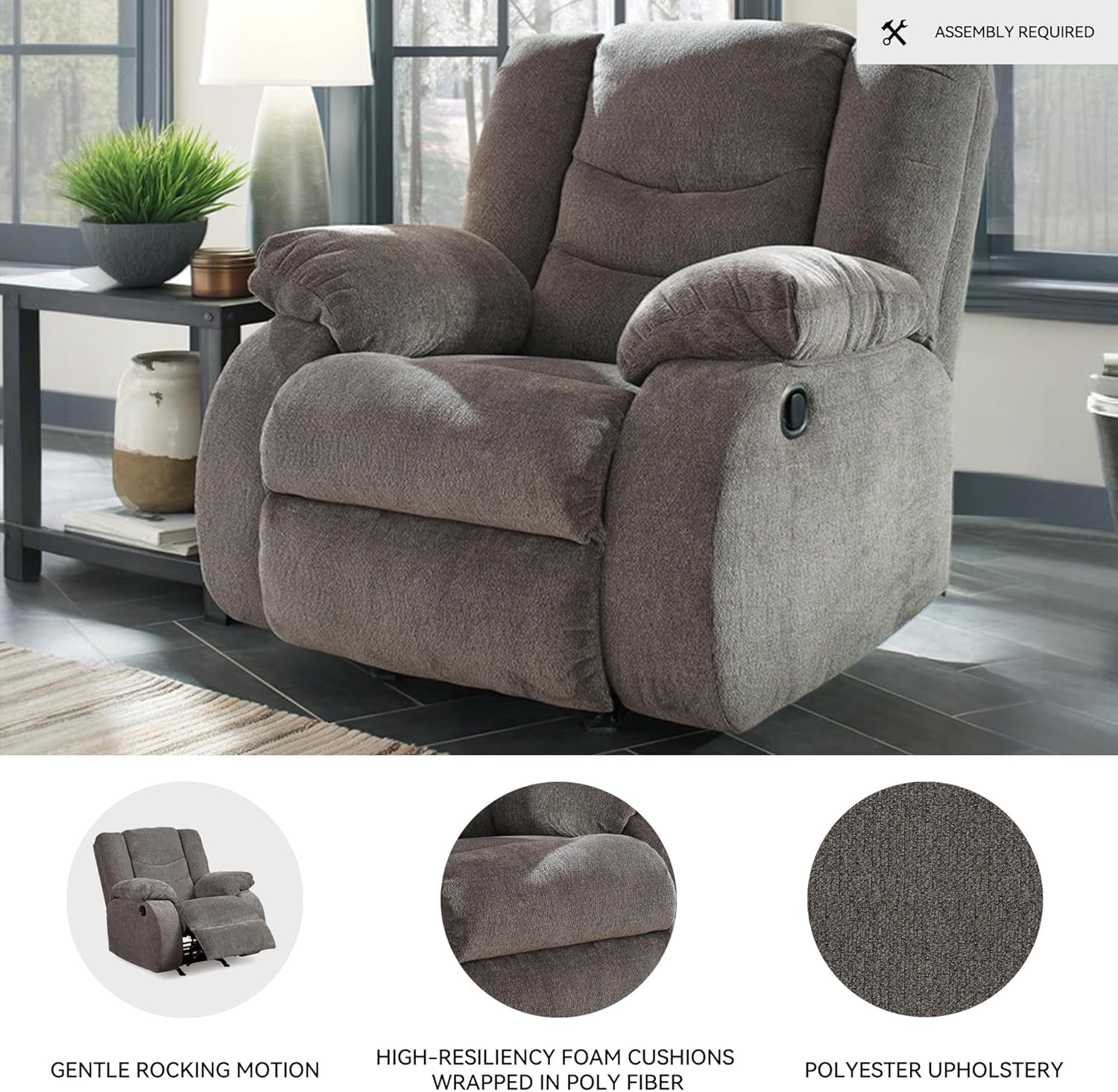 Signature Design by Ashley Tulen Contemporary Rocker Recliner, Gentle Rocking Motion, Pull Tab Reclining, Fabric Upholstery, 39" W x 40" D x 40" H, Dark Gray
