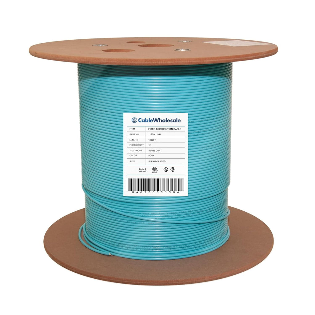 CableWholesale 1000ft Aqua 12-Strand Fiber Optic Cable Multimode 50/125 OM4  Corning ClearCurve  Plenum Rated  High-Speed 10G  Indoor - Advanced Network Solution