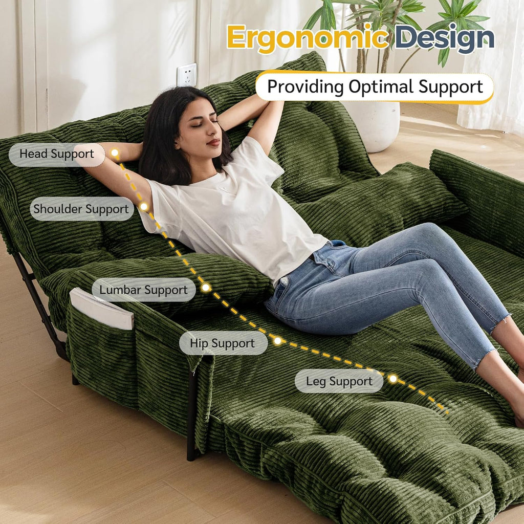 MAXYOYO Adjustable Floor Sofa Couch with 2 Pillows, Multi-Functional Bean Bag Bed, 5-Position Foldable Lazy Sofa Sleeper Bed with Armrest, Versatile Floor Seating for Reading, Dark Green, Double