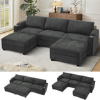 108'' Chenille Sectional Couch with Storage Armrests,U Shaped Upholstered Sofa with 2 Movable Ottomans, 5-Seat Modular Couch with Cup Holders for Living Room, Grey